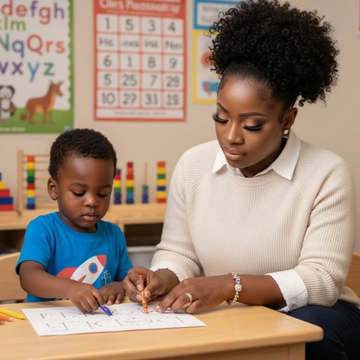 Caregiver with children in a learning activity